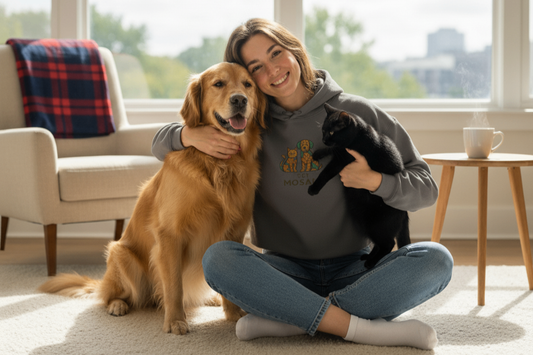 Pet mom wearing Pet Mosaic's stylish crop hoodie - the favorite fashion choice for pet parents