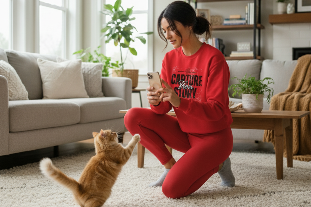 Woman in red Capture Their Story sweatshirt photographing her playful cat in cozy living room