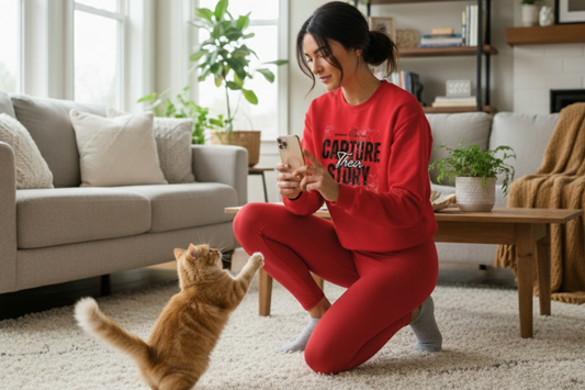 Woman in red Capture Their Story sweatshirt photographing her playful cat in cozy living room