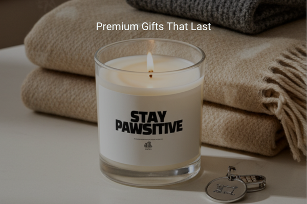 Stay Pawsitive soy wax candle in glass jar on table with soft blankets - premium pet parent gift idea
