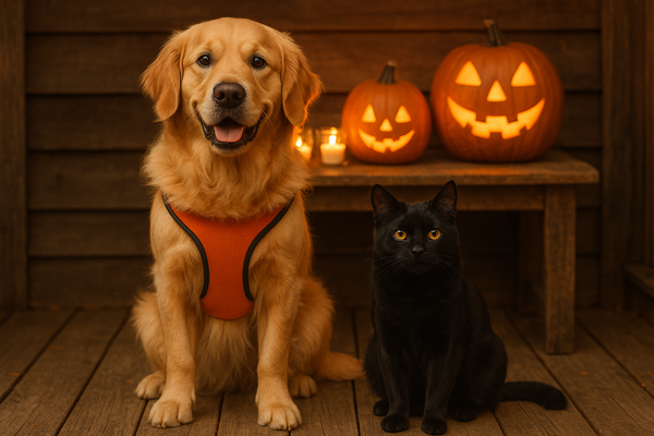 Golden retriever wearing orange harness sitting next to black cat with two glowing jack-o'-lanterns on wooden shelf behind them