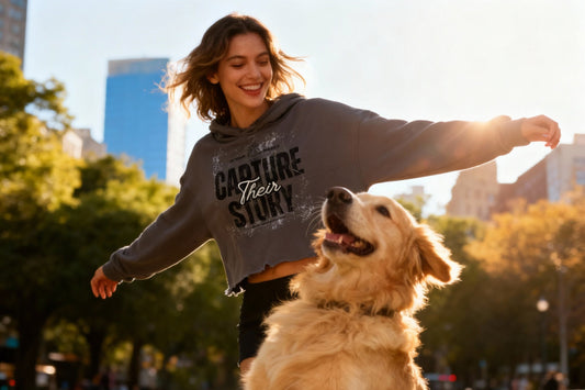 Happy pet parent wearing Capture Their Story cropped hoodie with golden retriever outdoors - Pet Mosaic print-on-demand pet fashion