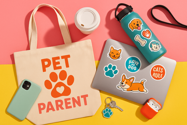Pet-themed tote bags, stickers, and portable accessories for pet parents on the go