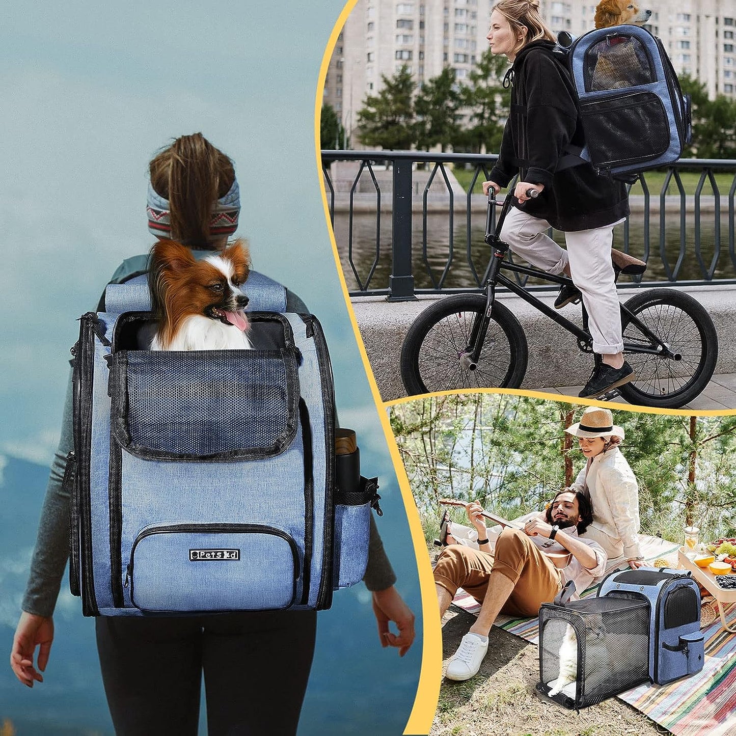 Expandable Pet Carrier Backpack for Small Medium Dog and Cat, Large Space Fits up to 15 Lbs Pet, Foldable Backpack with Safety Lock Zipper and Breathable Mesh for Travel Hiking Camping(Blue)