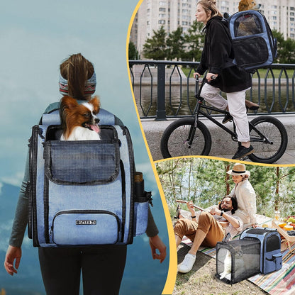 Expandable Pet Carrier Backpack for Small Medium Dog and Cat, Large Space Fits up to 15 Lbs Pet, Foldable Backpack with Safety Lock Zipper and Breathable Mesh for Travel Hiking Camping(Blue)