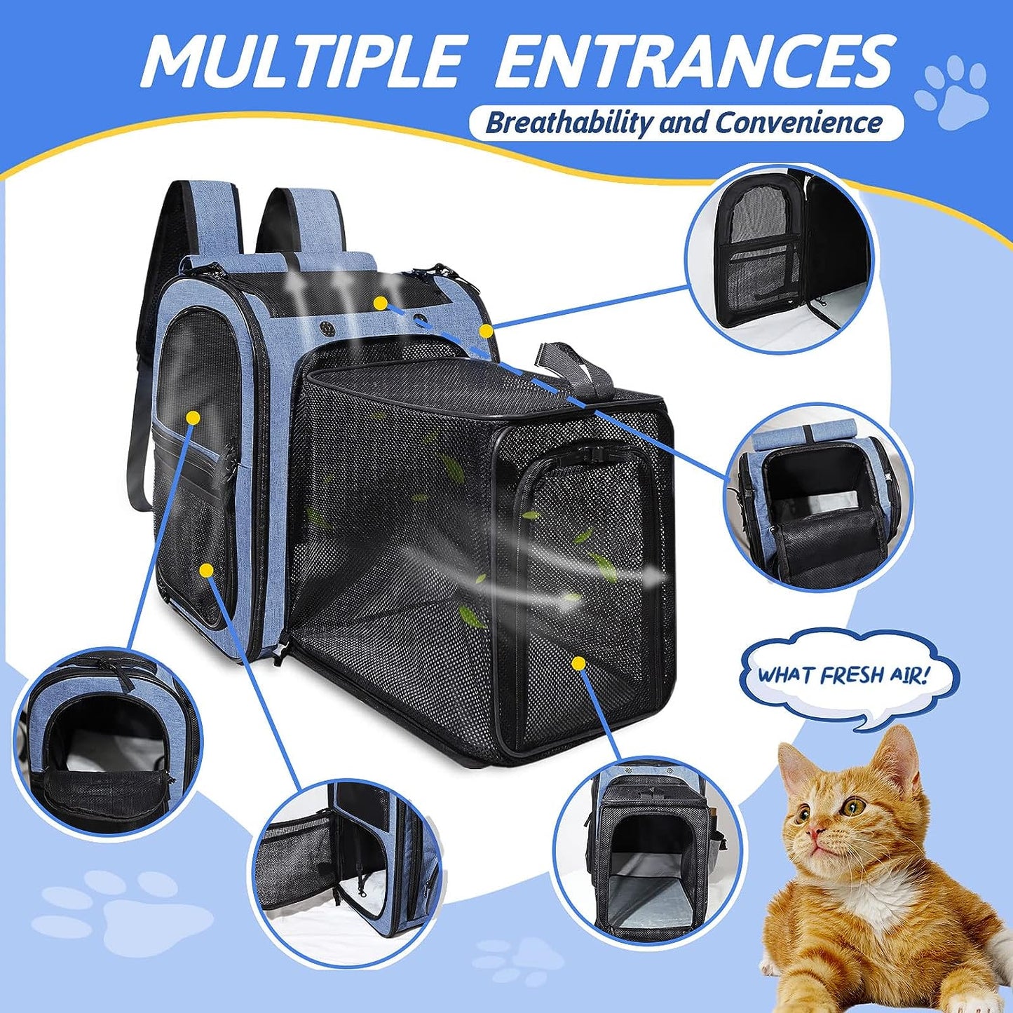 Expandable Pet Carrier Backpack for Small Medium Dog and Cat, Large Space Fits up to 15 Lbs Pet, Foldable Backpack with Safety Lock Zipper and Breathable Mesh for Travel Hiking Camping(Blue)