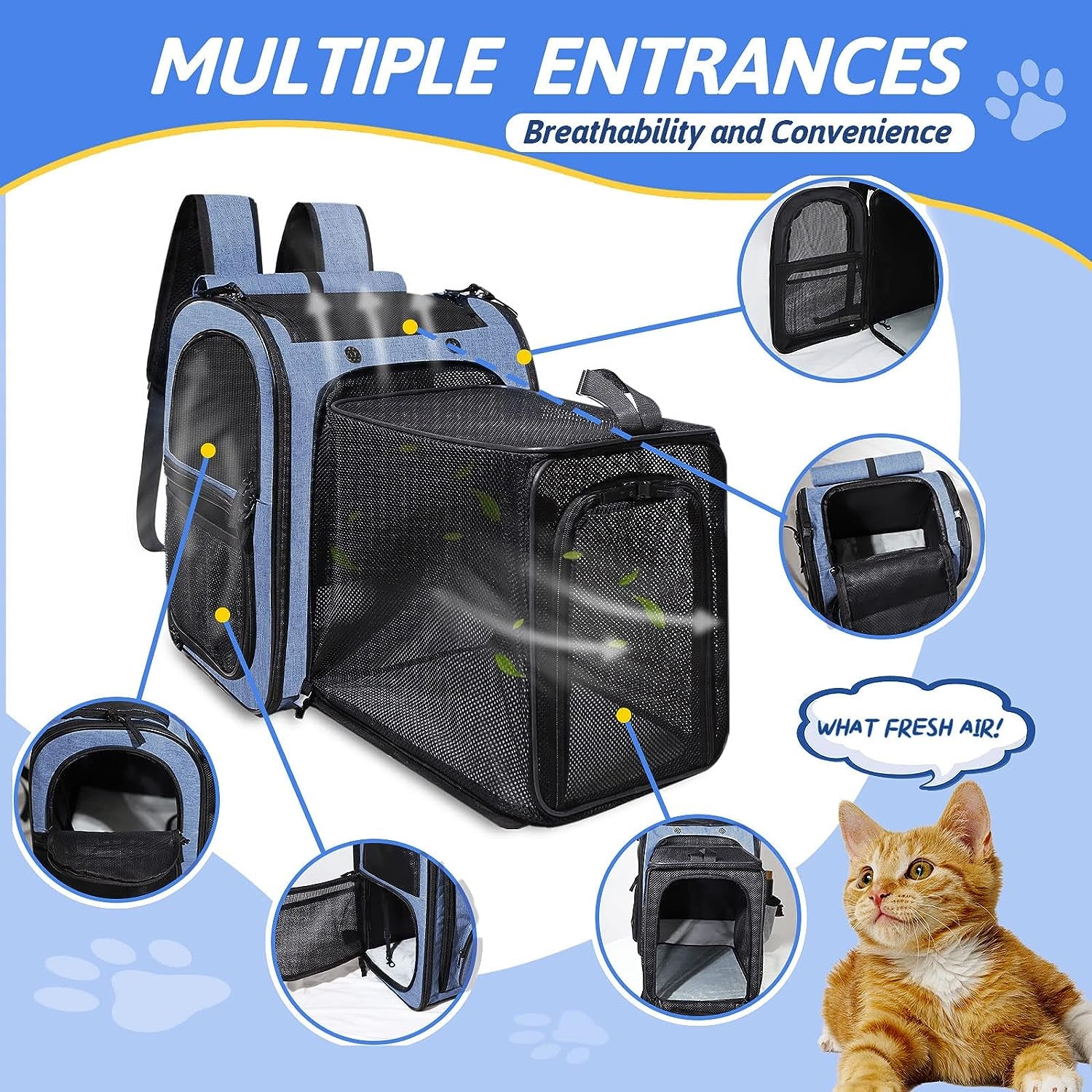 Expandable Pet Carrier Backpack for Small Medium Dog and Cat, Large Space Fits up to 15 Lbs Pet, Foldable Backpack with Safety Lock Zipper and Breathable Mesh for Travel Hiking Camping(Blue)
