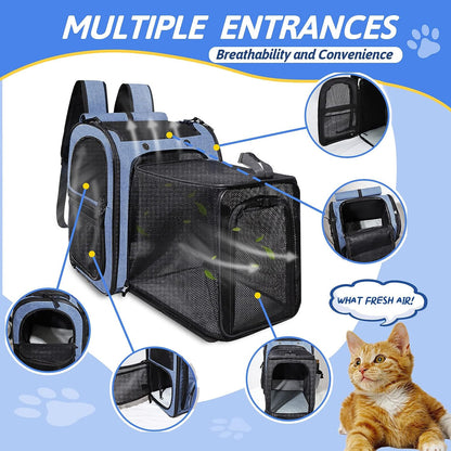 Expandable Pet Carrier Backpack for Small Medium Dog and Cat, Large Space Fits up to 15 Lbs Pet, Foldable Backpack with Safety Lock Zipper and Breathable Mesh for Travel Hiking Camping(Blue)