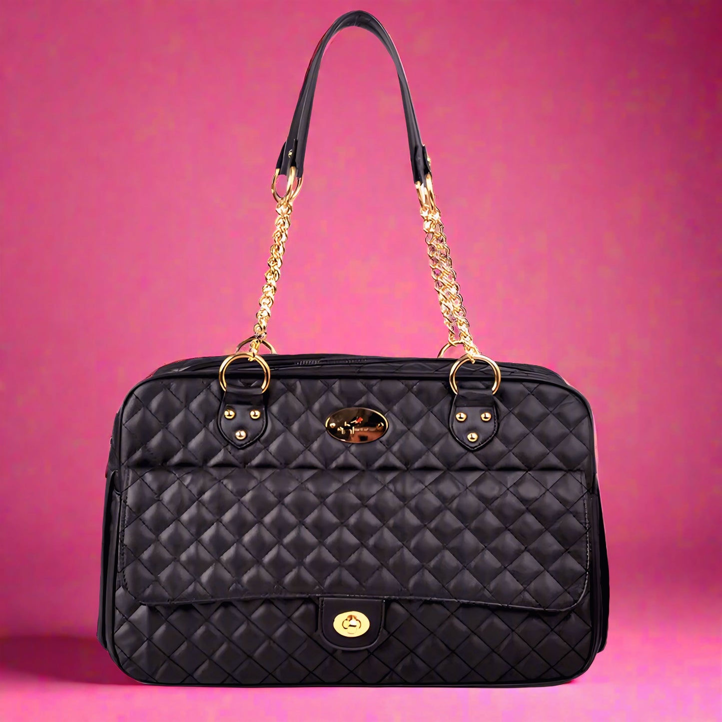 Black quilted handbag with gold accents on a pink background