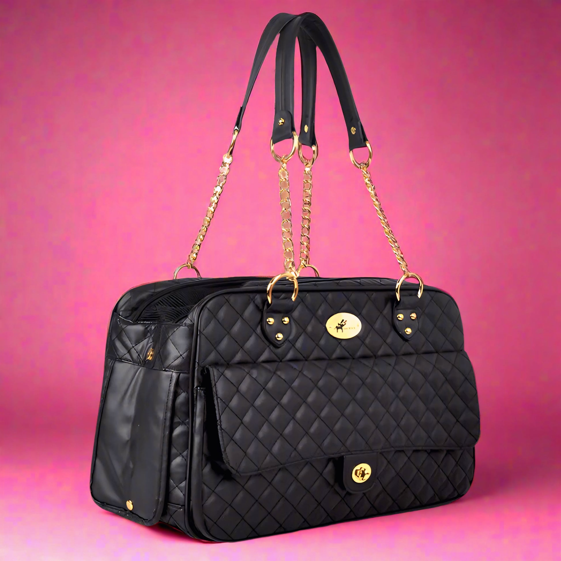Black quilted handbag with gold accents on a pink background