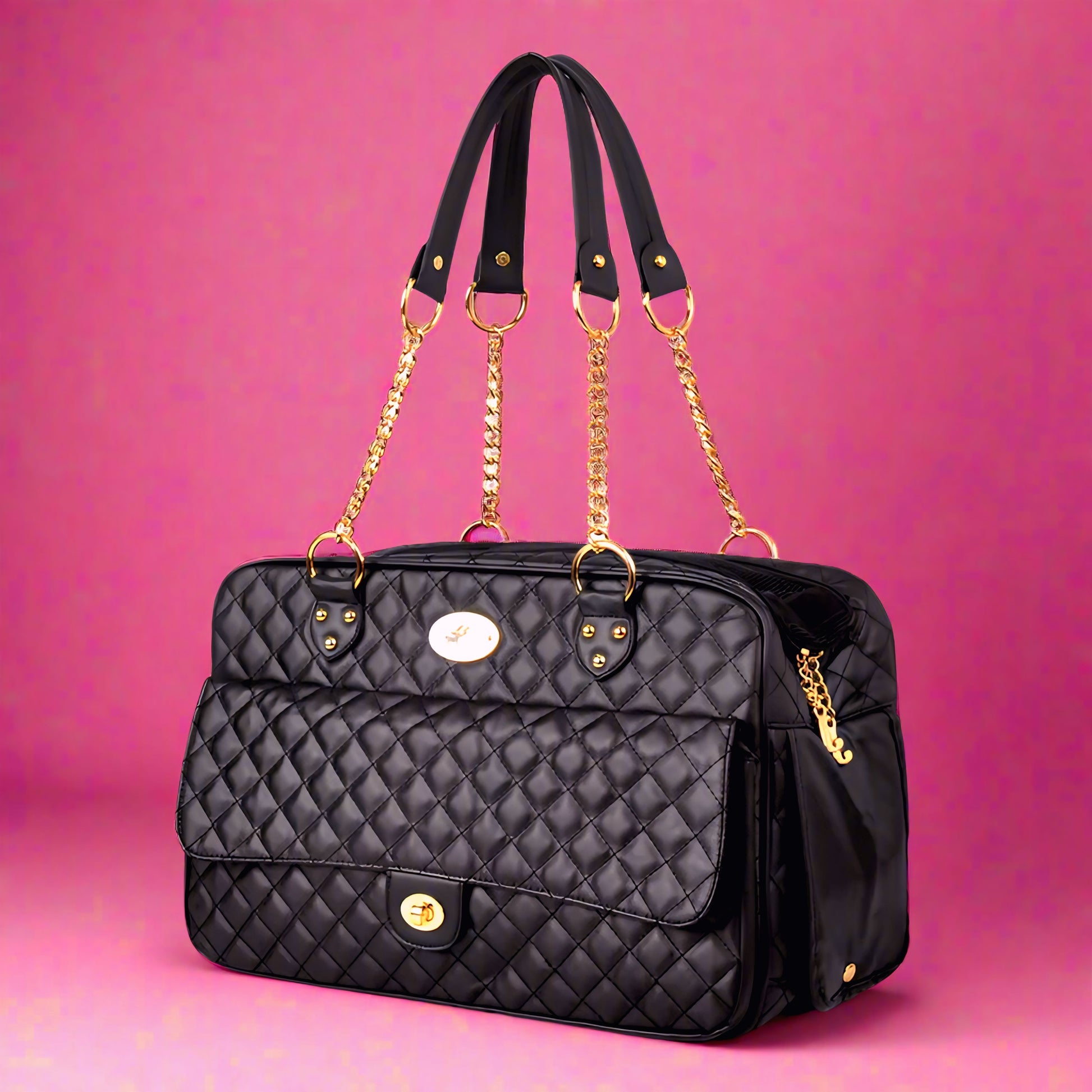 Black quilted handbag with gold chains on a pink background