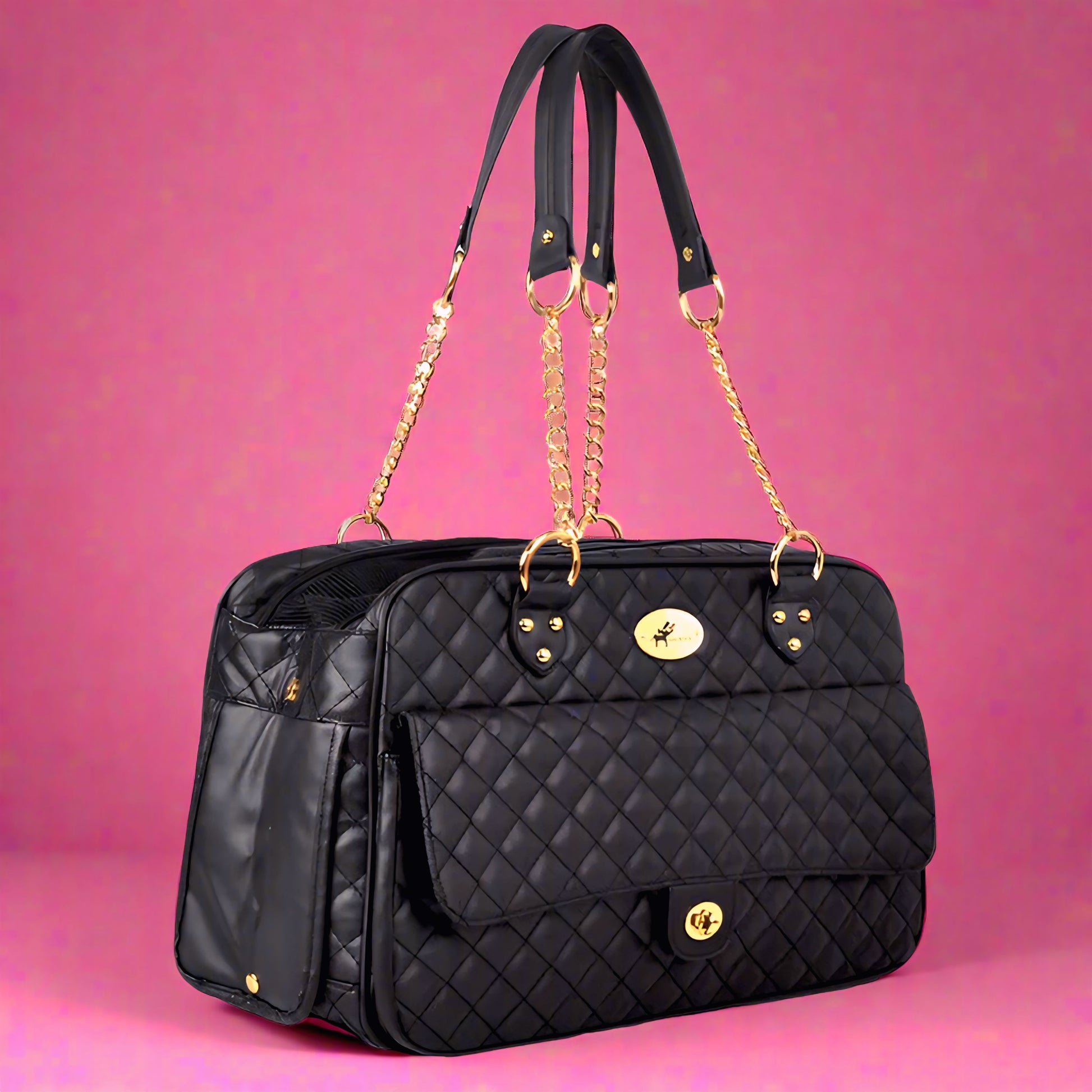 Black quilted handbag with gold accents on a pink background