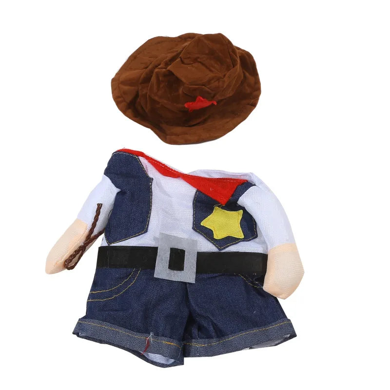 Toy cowboy outfit with hat, shirt, and shorts on a white background