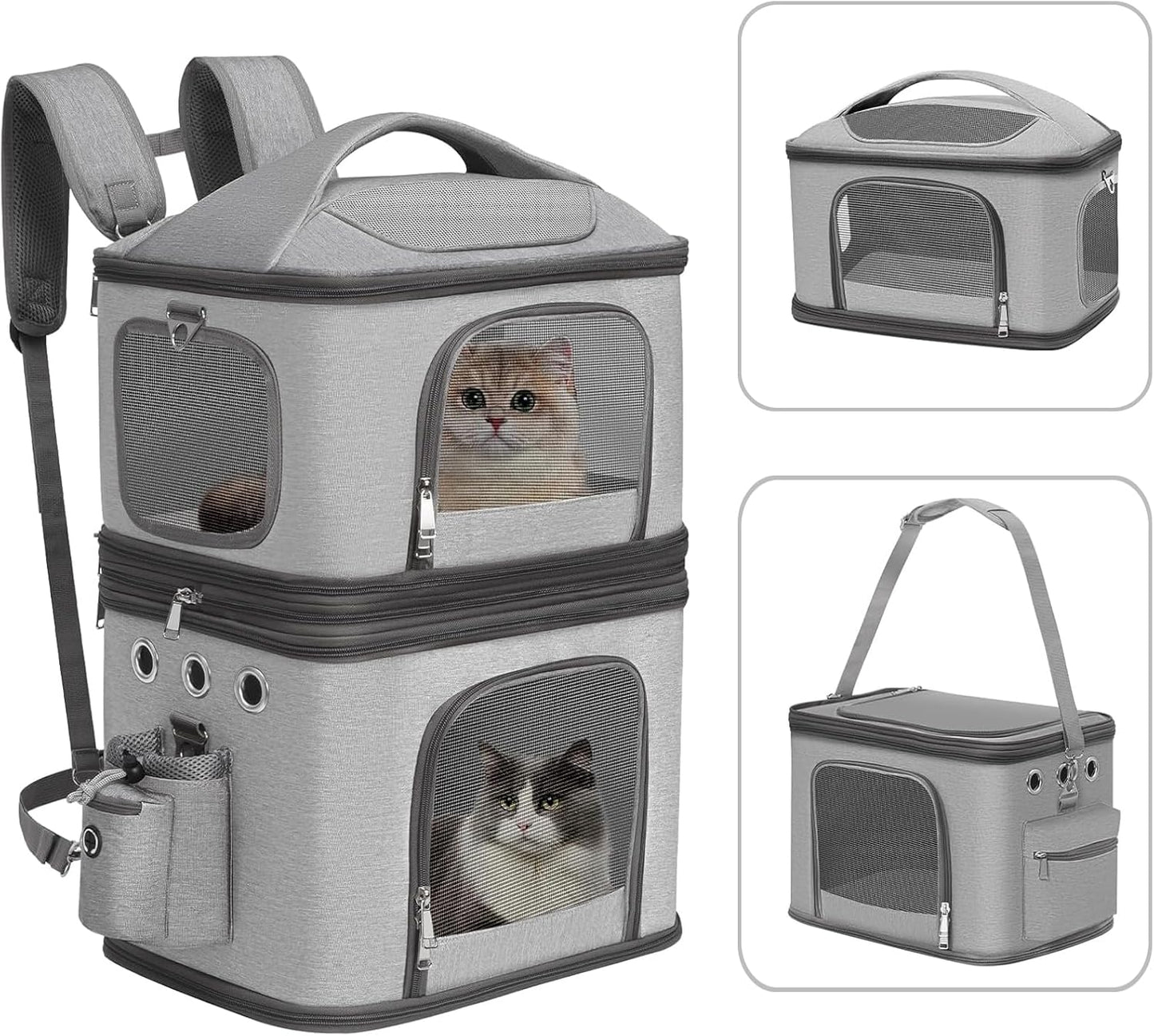 Detachable Double Pet Carrier Backpack for Small Cats and Dogs, Cat Travel Carrier for 2 Cats, Perfect for Traveling/Hiking/Camping, Grey