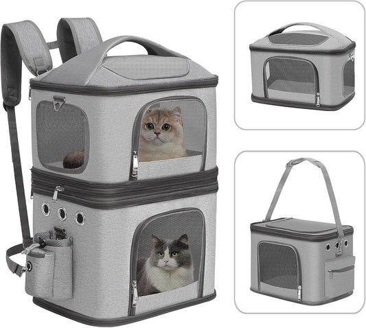 Detachable Double Pet Carrier Backpack for Small Cats and Dogs, Cat Travel Carrier for 2 Cats, Perfect for Traveling/Hiking/Camping, Grey