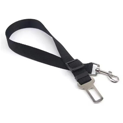 Black seat belt extension with silver buckle on a white background