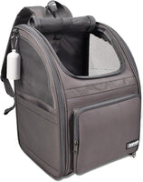 Small pet backpack carrier in grey showing comfortable shoulder straps and mesh ventilation