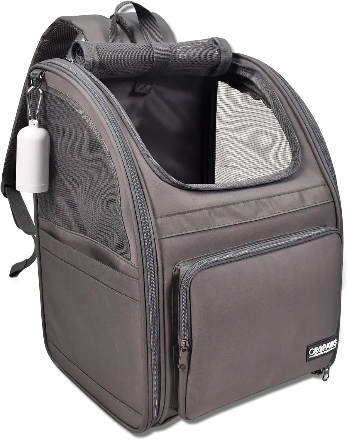 Small pet backpack carrier in grey showing comfortable shoulder straps and mesh ventilation
