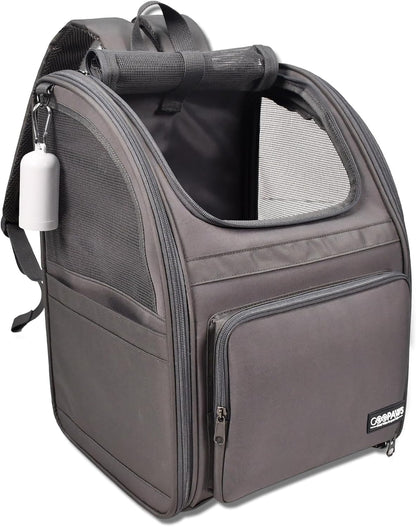 Small pet backpack carrier in grey showing comfortable shoulder straps and mesh ventilation