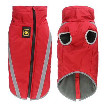 Red dog coat with reflective stripes and a paw print logo on a white background