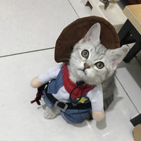 Cat wearing a costume with a brown hat and blue outfit on a white floor.