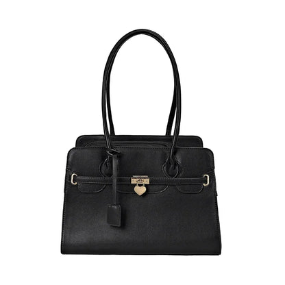 Black handbag with gold accents on a white background