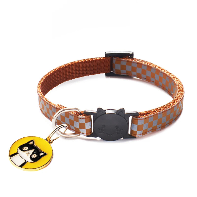 Close-up of reflective grid pattern on cat collar showing high-visibility design