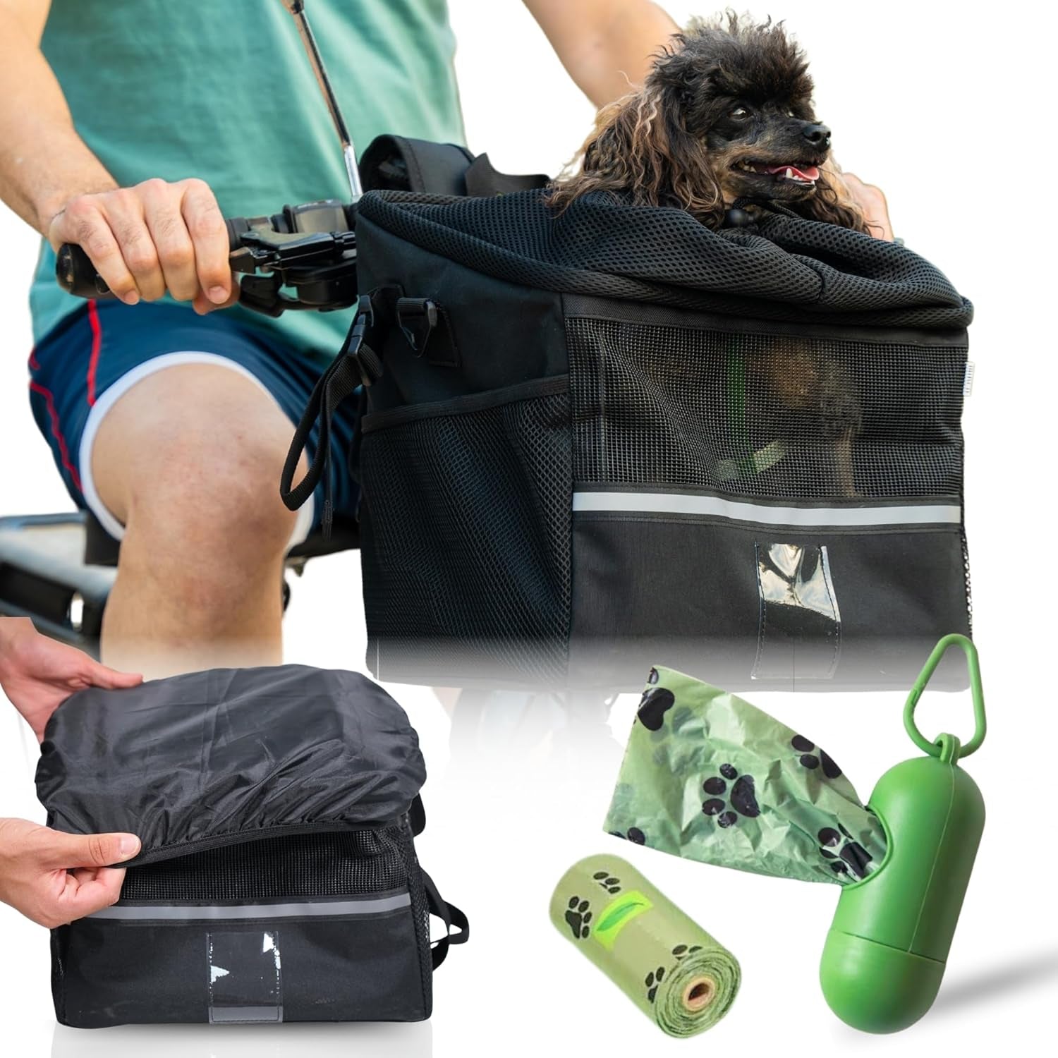 Dog Bike Basket - Front Bike Basket for Dogs and Cats with Poop Bag Dispenser - Ideal for Pets up to 10 Lbs - Safe and Comfortable Bike Dog Carrier