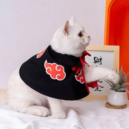 Cat wearing a black cape with red cloud designs on a light gray background