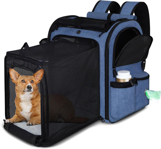 Expandable Pet Carrier Backpack for Small Medium Dog and Cat, Large Space Fits up to 15 Lbs Pet, Foldable Backpack with Safety Lock Zipper and Breathable Mesh for Travel Hiking Camping(Blue)
