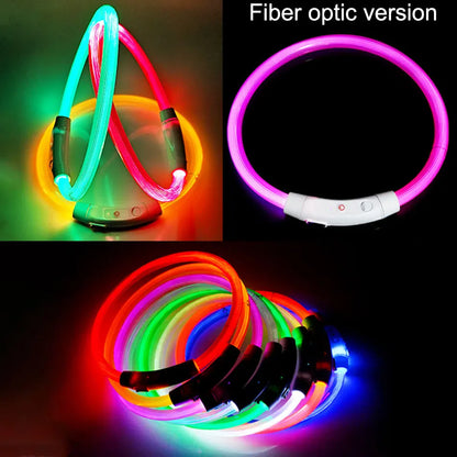 Fiber optic LED dog collar with colorful lighting effects on a dark background.