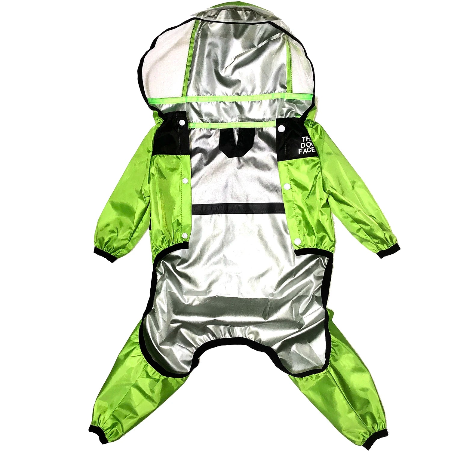 Reflective dog raincoat with green body and silver hood on a white background