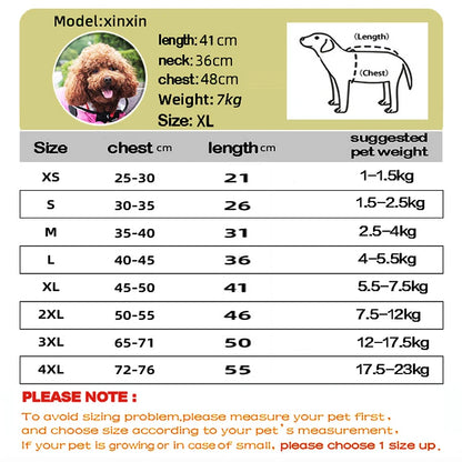 Dog coat size chart with measurements and weight suggestions