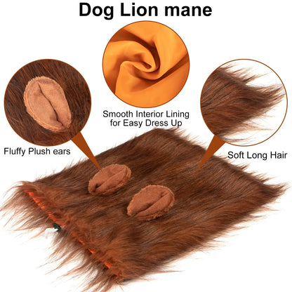 Dog lion mane with details on fluffy plush ears, smooth interior lining, and soft long hair.
