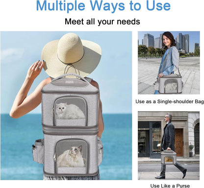 Detachable Double Pet Carrier Backpack for Small Cats and Dogs, Cat Travel Carrier for 2 Cats, Perfect for Traveling/Hiking/Camping, Grey