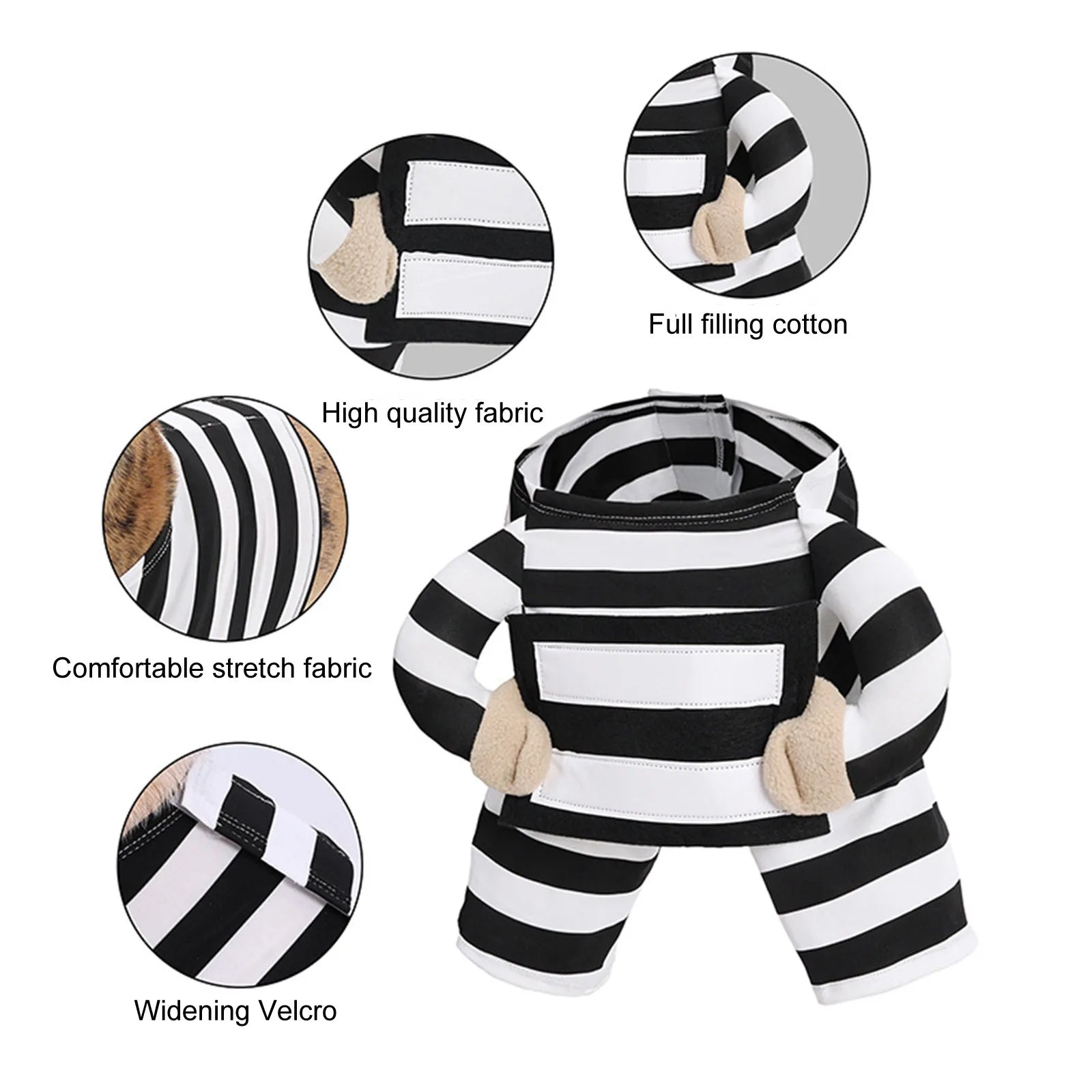 Black and white striped dog coat with fabric quality features highlighted