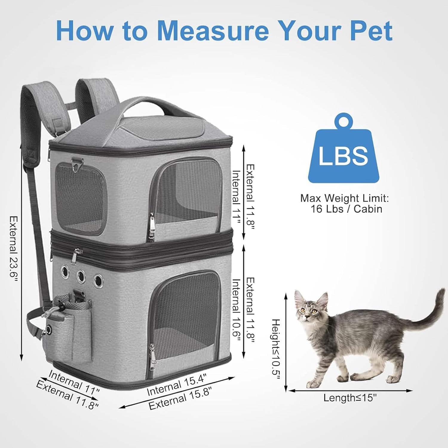 Detachable Double Pet Carrier Backpack for Small Cats and Dogs, Cat Travel Carrier for 2 Cats, Perfect for Traveling/Hiking/Camping, Grey