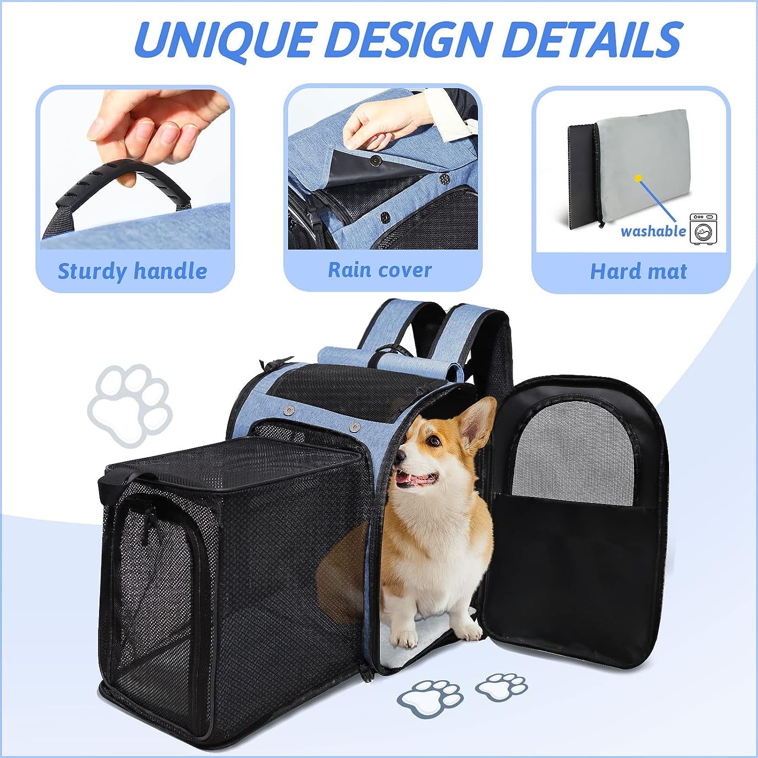 Expandable Pet Carrier Backpack for Small Medium Dog and Cat, Large Space Fits up to 15 Lbs Pet, Foldable Backpack with Safety Lock Zipper and Breathable Mesh for Travel Hiking Camping(Blue)