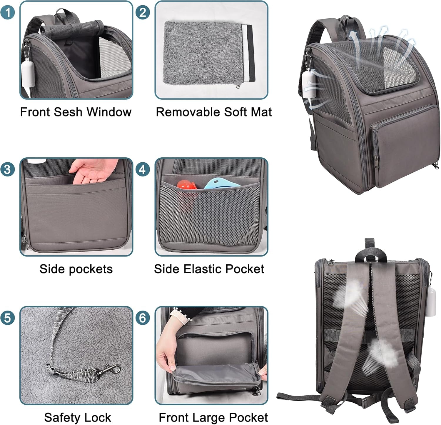 Person wearing pet backpack carrier demonstrating hands-free travel with small dog