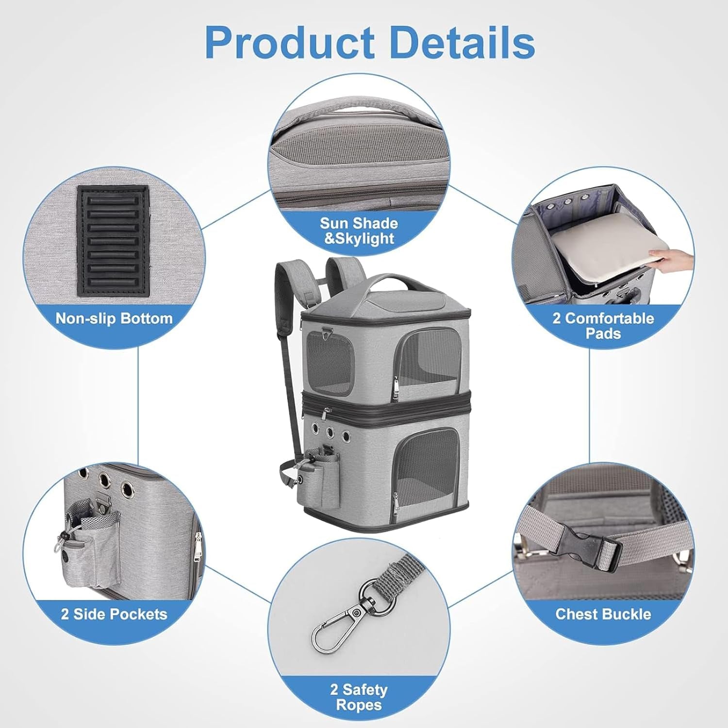 Detachable Double Pet Carrier Backpack for Small Cats and Dogs, Cat Travel Carrier for 2 Cats, Perfect for Traveling/Hiking/Camping, Grey