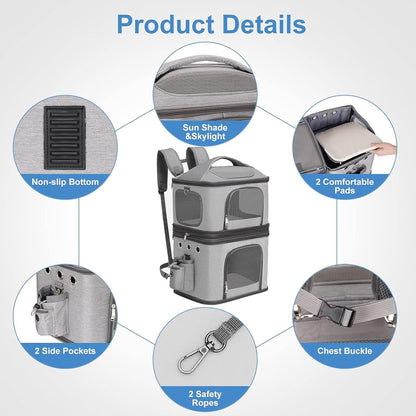 Detachable Double Pet Carrier Backpack for Small Cats and Dogs, Cat Travel Carrier for 2 Cats, Perfect for Traveling/Hiking/Camping, Grey