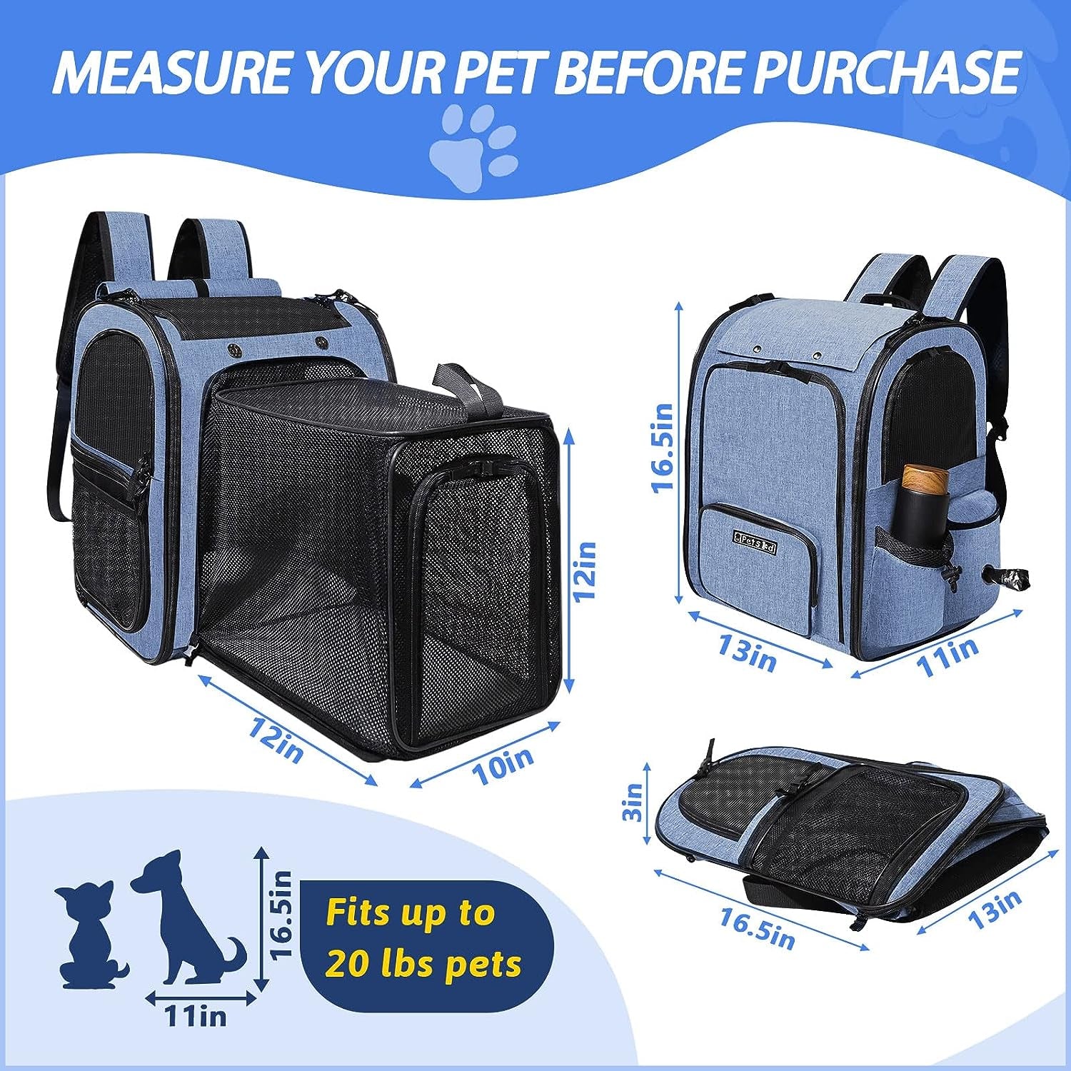 Expandable Pet Carrier Backpack for Small Medium Dog and Cat, Large Space Fits up to 15 Lbs Pet, Foldable Backpack with Safety Lock Zipper and Breathable Mesh for Travel Hiking Camping(Blue)