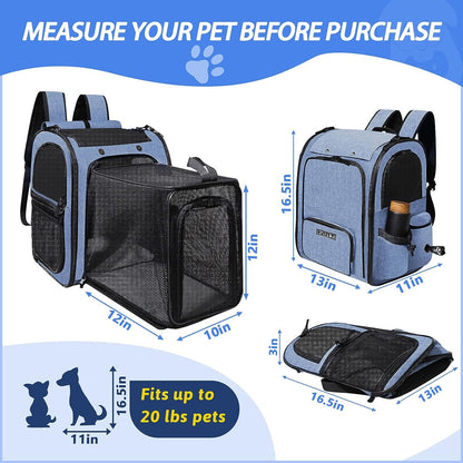 Expandable Pet Carrier Backpack for Small Medium Dog and Cat, Large Space Fits up to 15 Lbs Pet, Foldable Backpack with Safety Lock Zipper and Breathable Mesh for Travel Hiking Camping(Blue)