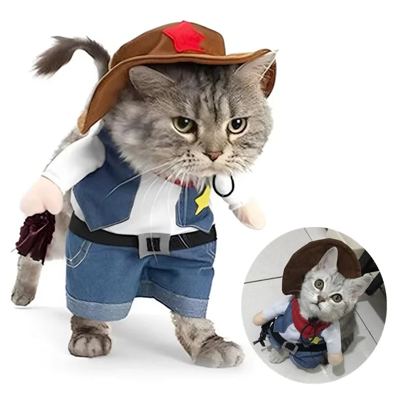 Cat wearing a cowboy costume with a hat and boots on a white background