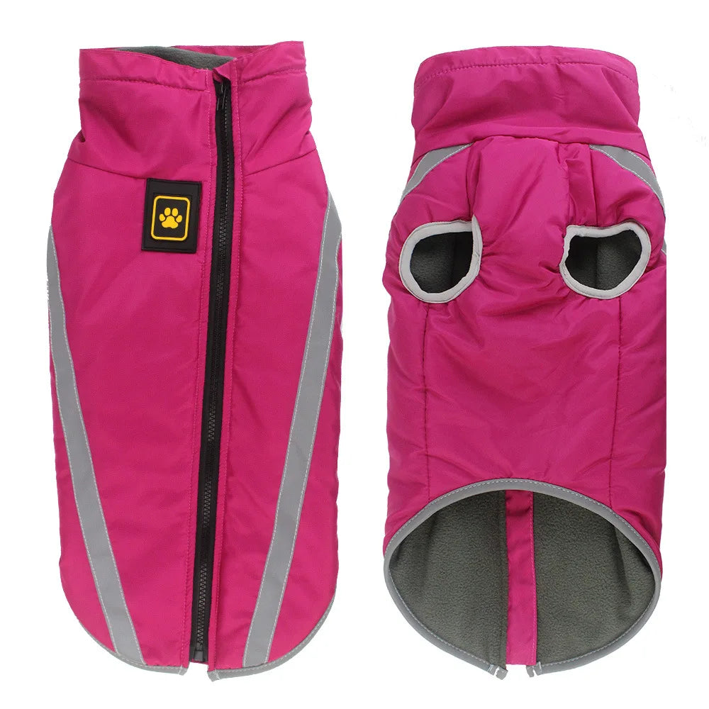 Pink dog coat with reflective stripes and a paw print logo on a white background