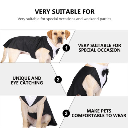 Dog in a formal outfit with text highlighting its suitability for special occasions.