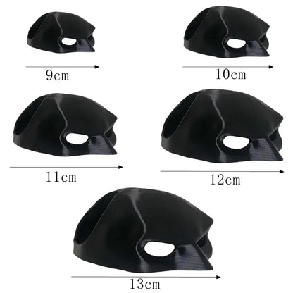 Black plastic components with measurements on a white background