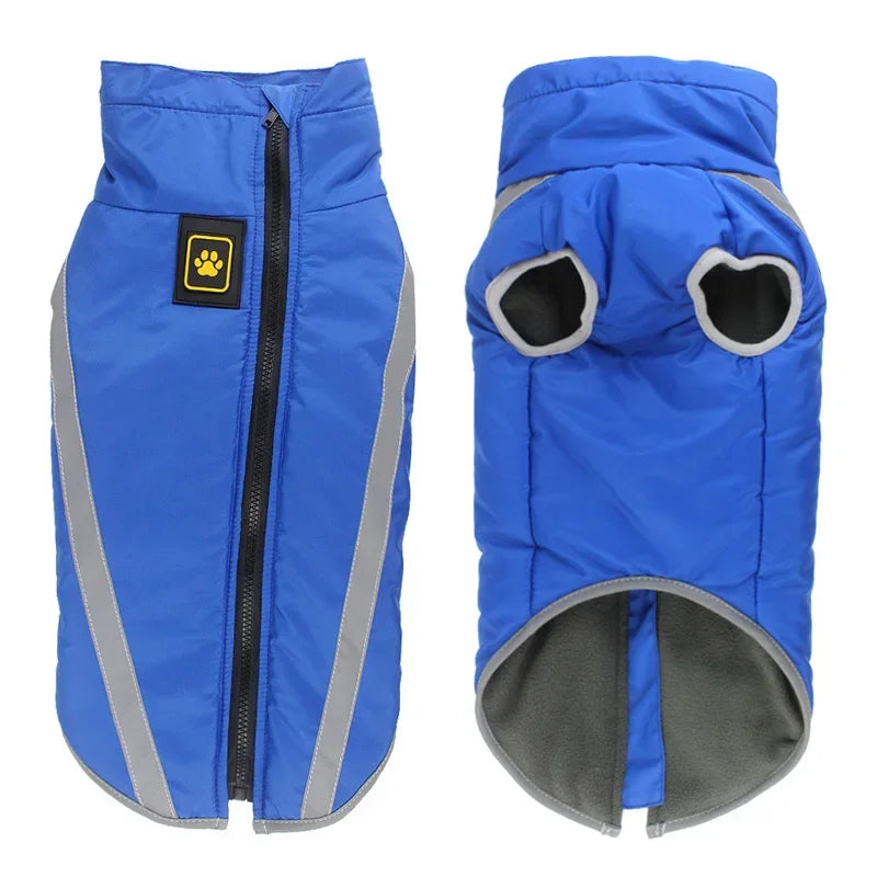 Blue pet jacket with reflective stripes and a paw print logo on a white background