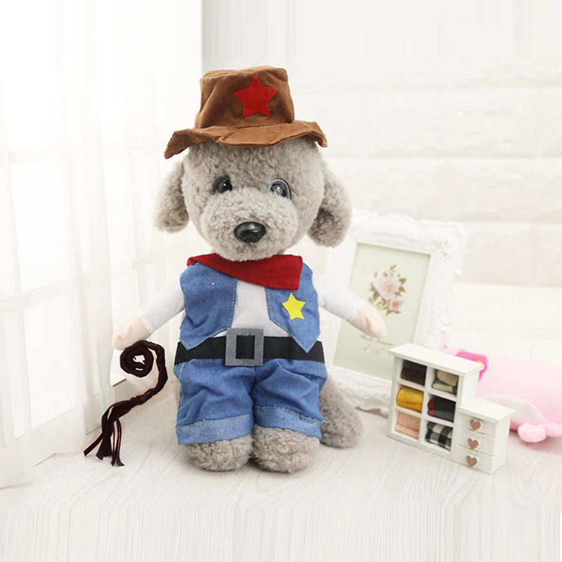 Plush toy dog dressed as a cowboy with a star on a white background
