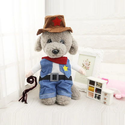 Plush toy dog dressed as a cowboy with a star on a white background